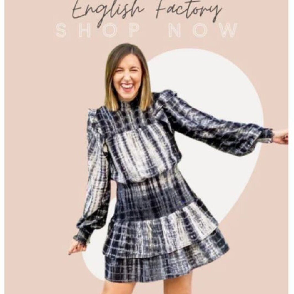 ENGLISH FACTORY Black White Tie Dye Smocked Ruffle Preppy Smocked Dress, size M